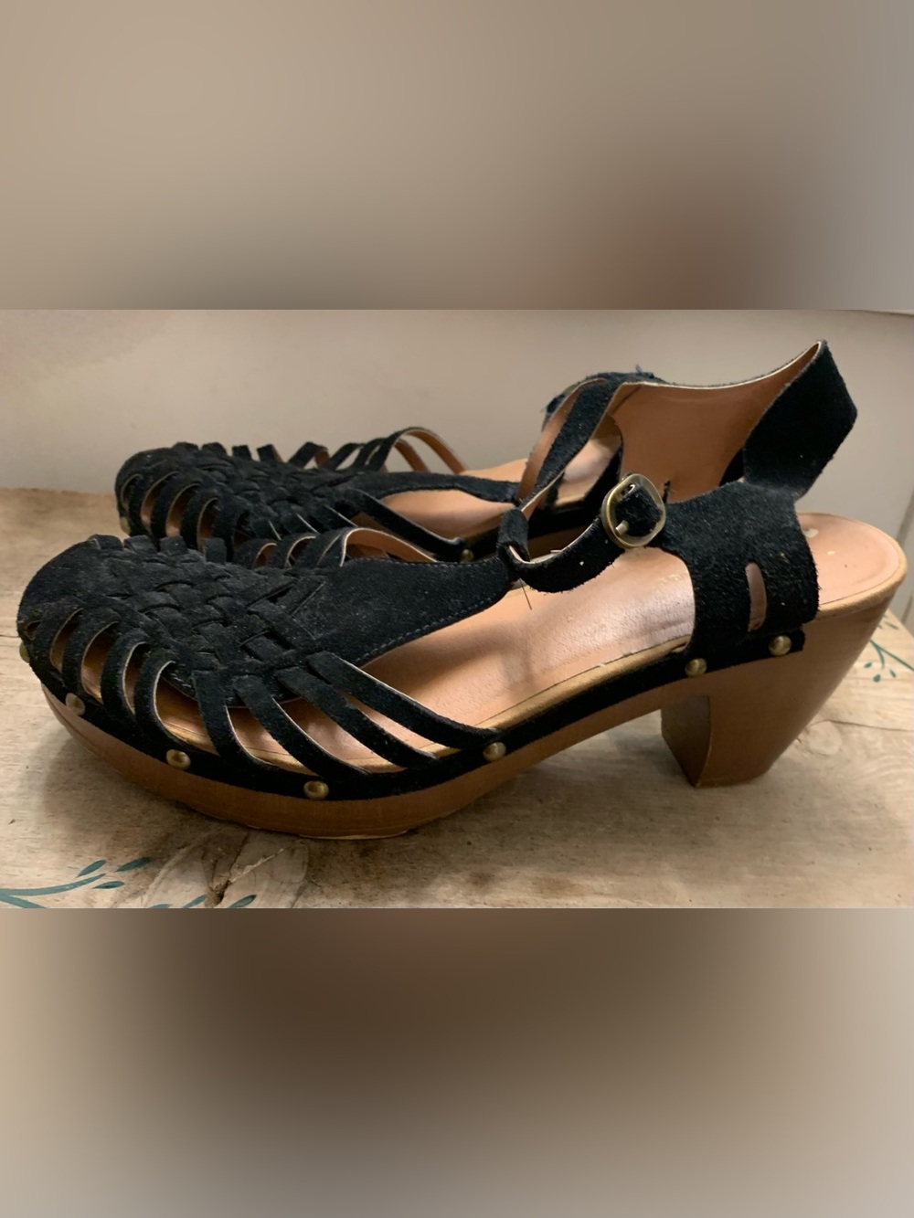 BareTraps Black Suede Woven Clog Sandals